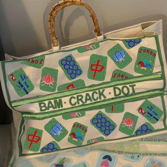 custom XL Mahjong canvas tote bag,beaded design, bam dot crak, holds mat, tiles, and racks, personalized gift, everyday bag, game night bag
