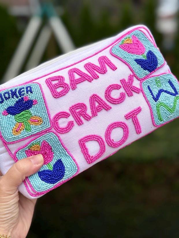 Personalized beaded Mahjong tile bag, Custom canvas wristlet pouch, Mahjong player gift, Mah Jongg tile storage organizer, game night gift