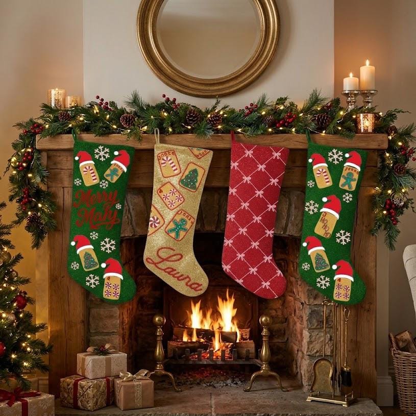 Hand-Beaded Christmas Mahjong Stocking | Custom Beaded Holiday Mantle Decor | Personalized Merry Mahj Tile Stocking | Mahjong Player Gift