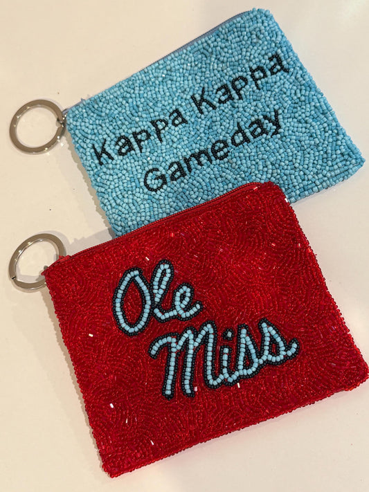 Beaded game day customized mini pouch, personalized corporate gift, company logo, money bag, change purse, bridal party gift, college team