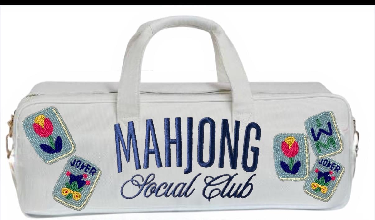 Mahjong social club canvas bag, rack holder,tiles and mat holder, beaded design,handmade tote, bam dot crak, personalized gift, game night