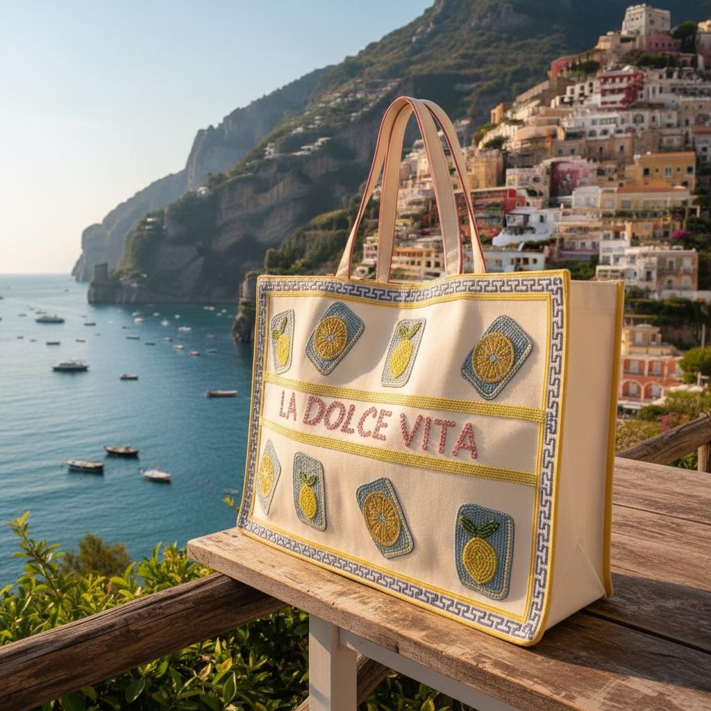 Amalfi coast XL Mahjong canvas tote bag,beaded design, La Dolce vita, holds mat, tiles, and racks, mahj girls group gift, bam dot crak,