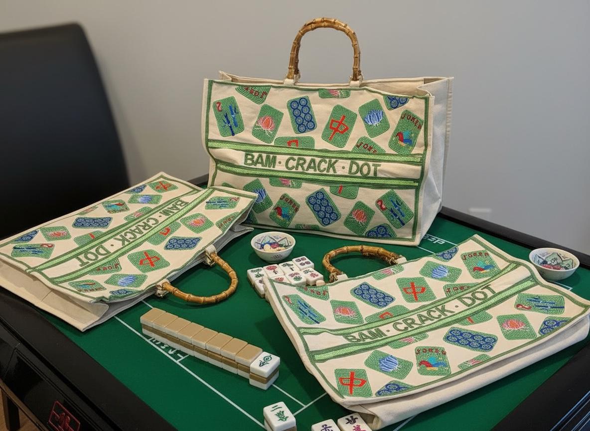 custom XL Mahjong canvas tote bag,beaded design, bam dot crak, holds mat, tiles, and racks, personalized gift, everyday bag, game night bag