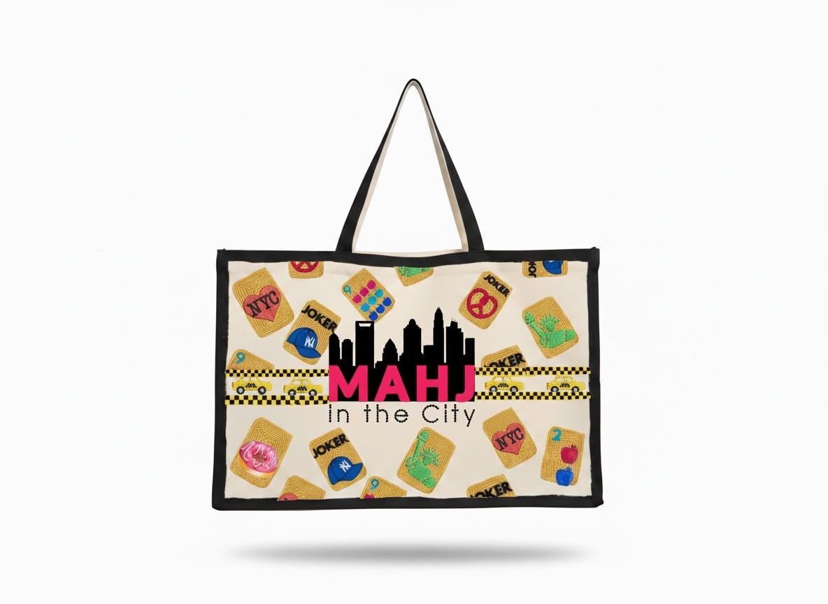 NYC XL Mahjong canvas tote bag,mahj in the city, beaded design, bam dot crak, holds mat, tiles, and racks, personalized gift, bamboo handle