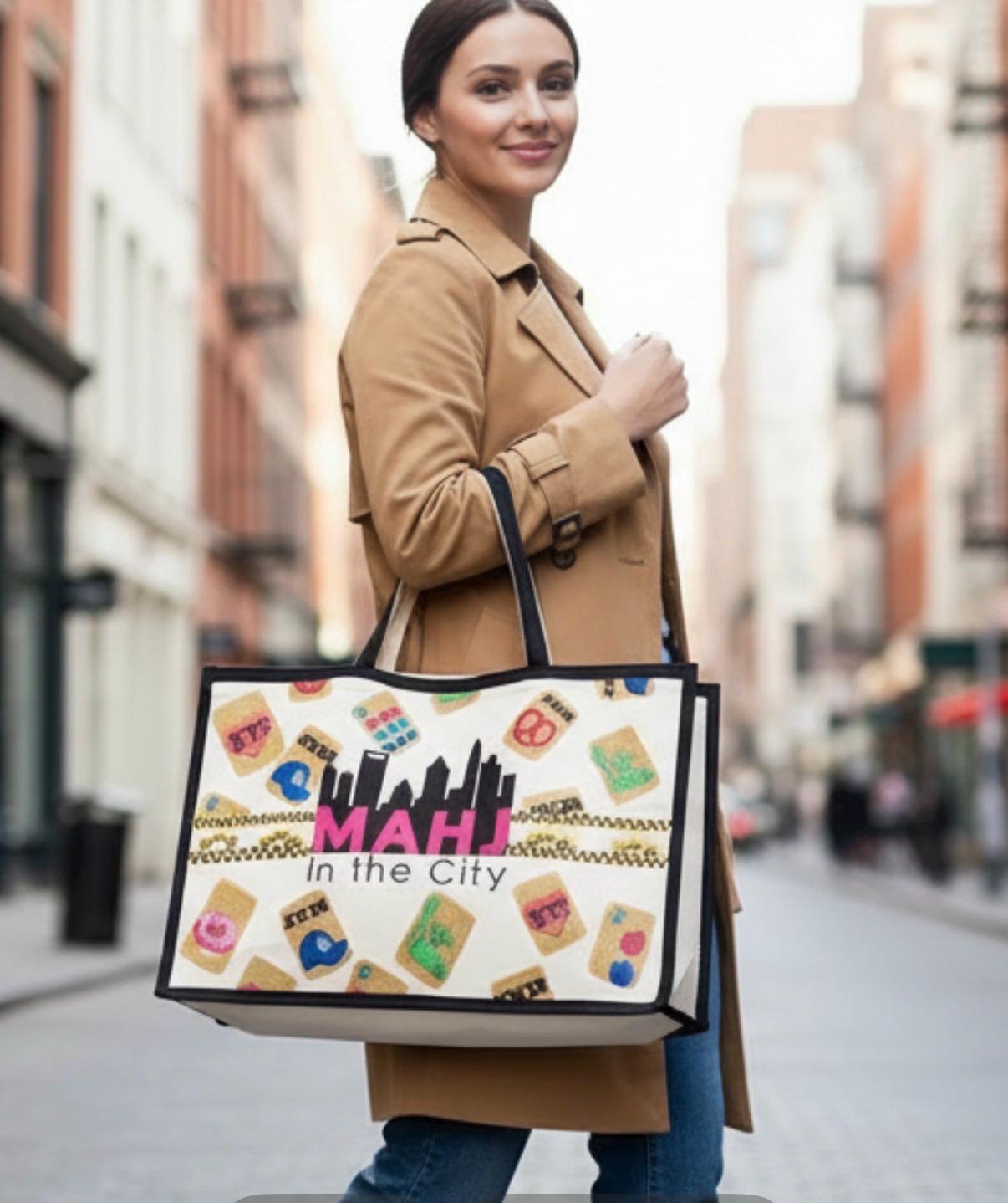 NYC XL Mahjong canvas tote bag,mahj in the city, beaded design, bam dot crak, holds mat, tiles, and racks, personalized gift, bamboo handle
