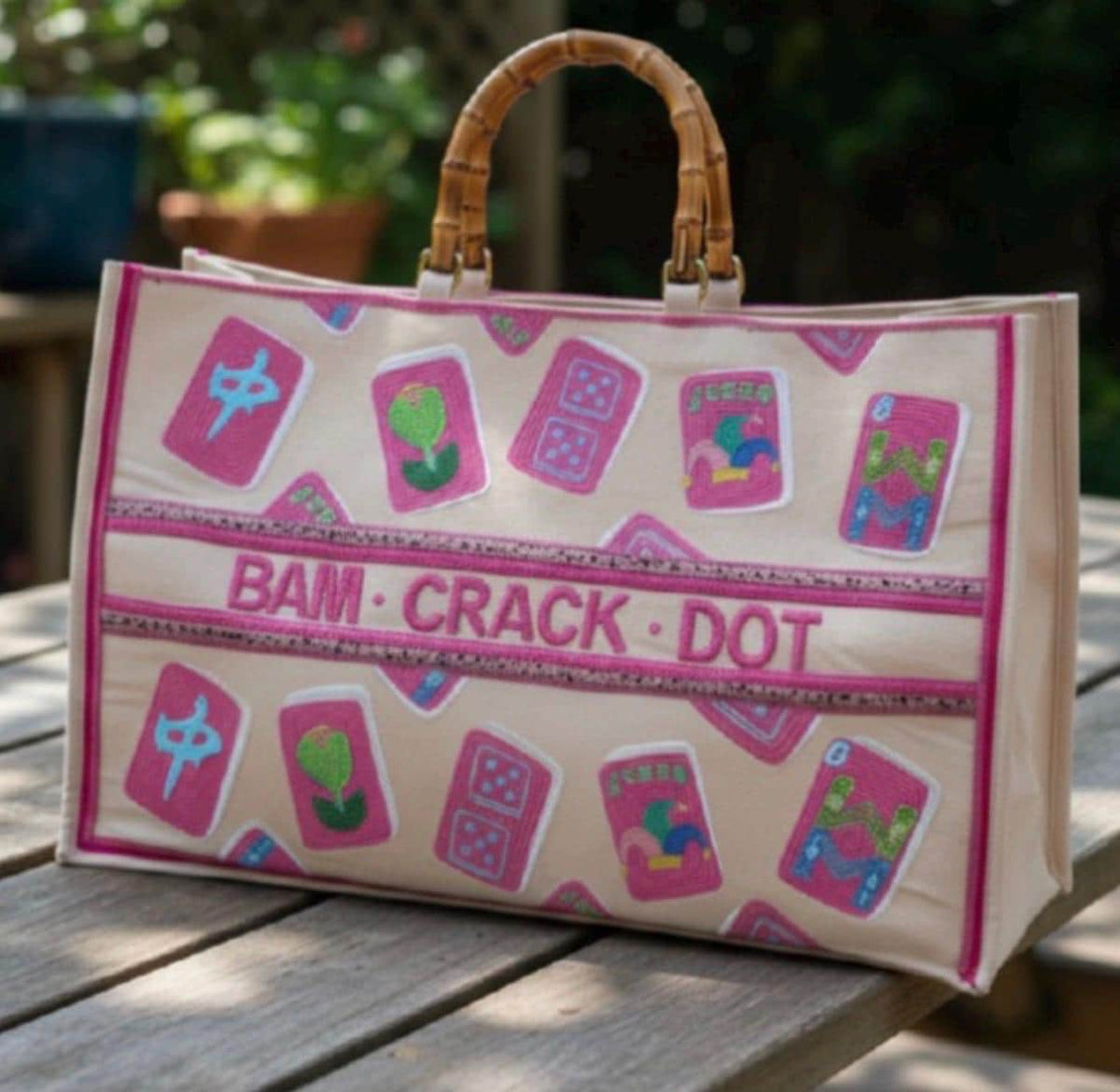 XL Mahjong Canvas Tote Bag | Handcrafted Beaded Game Night Bag | Fits Mat, Tiles, Racks | Mahj Club Gift & Retreat Carryall