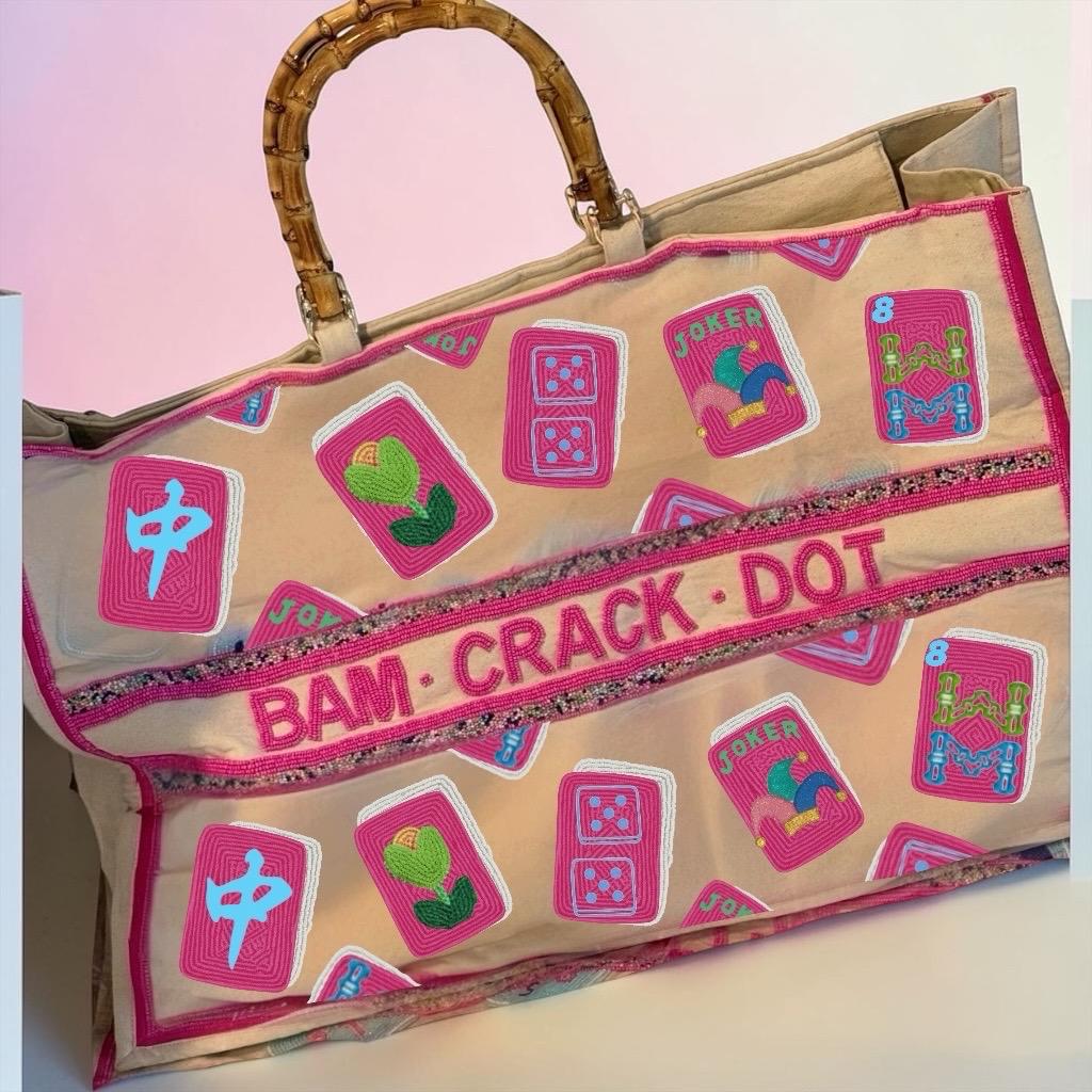 XL Mahjong Canvas Tote Bag | Handcrafted Beaded Game Night Bag | Fits Mat, Tiles, Racks | Mahj Club Gift & Retreat Carryall
