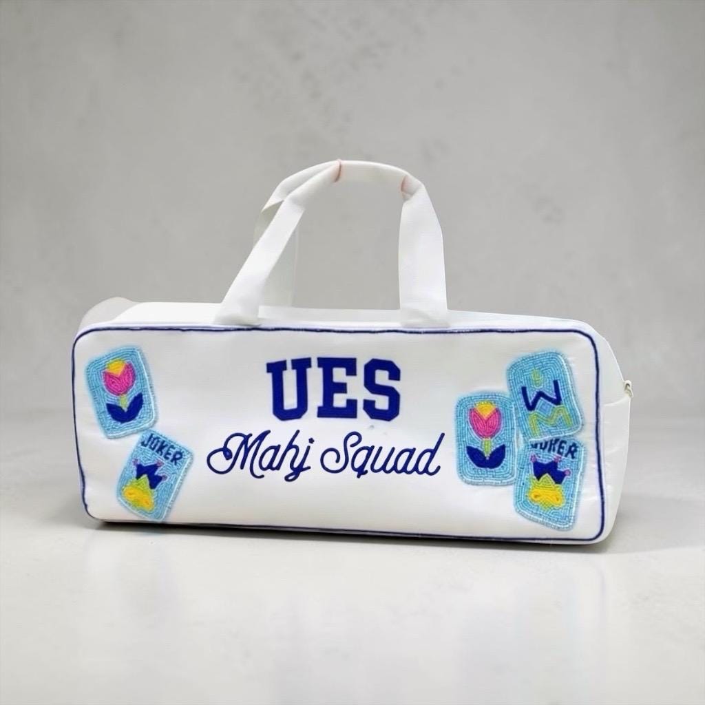 custom upper east side nyc Mahjong canvas duffel bag, UES theme, beaded handmade, bam dot crak, mahj club, girls game night bag