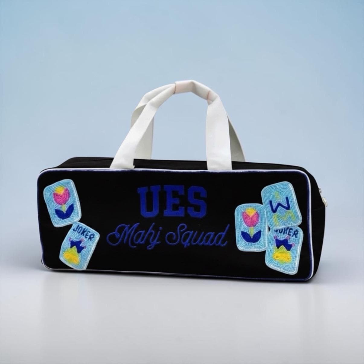 custom upper east side nyc Mahjong canvas duffel bag, UES theme, beaded handmade, bam dot crak, mahj club, girls game night bag