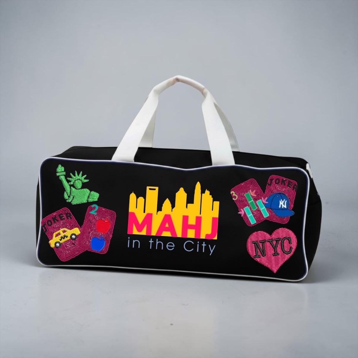 custom NYC Mahjong canvas duffel bag, New York theme, beaded handmade, bam dot crak, mahj club, personalized gift, girls game night bag,