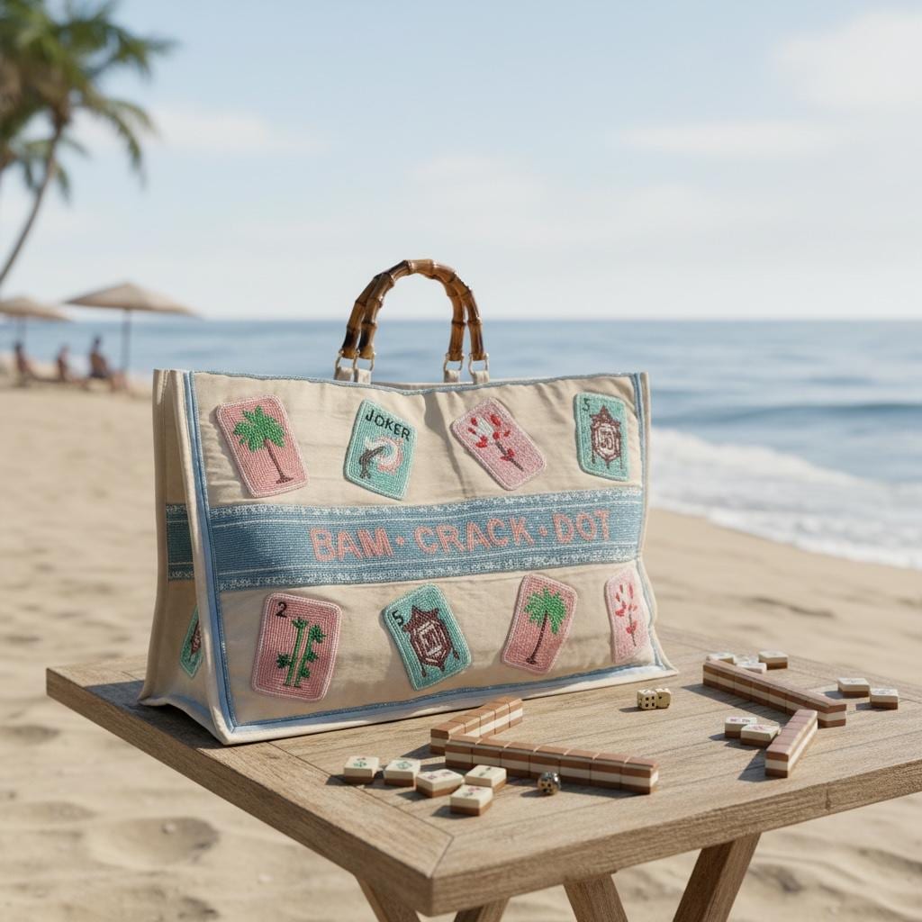 custom XL Mahjong canvas tote bag,beaded design, bam dot crak, holds mat, tiles, and racks, personalized gift, everyday bag, game night bag