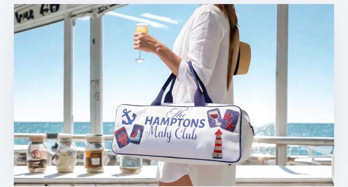 Hamptons Mahjong canvas duffel bag, custom beaded handmade, bam dot crak, summer mahj club, personalized gift, girls game night bag,