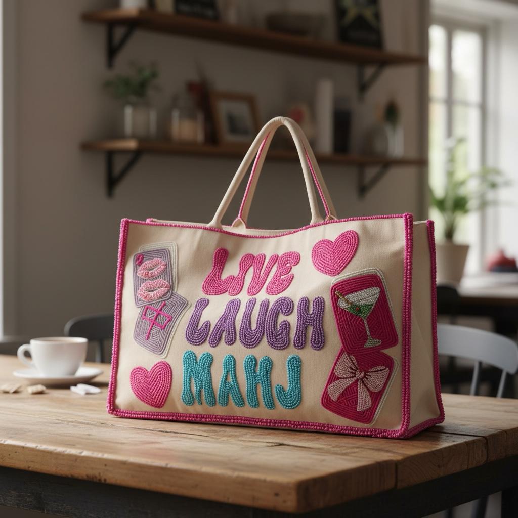 custom XL Mahjong canvas tote bag,live laugh love beaded design,holds mat, tiles, and racks, personalized gift, everyday bag, game night bag