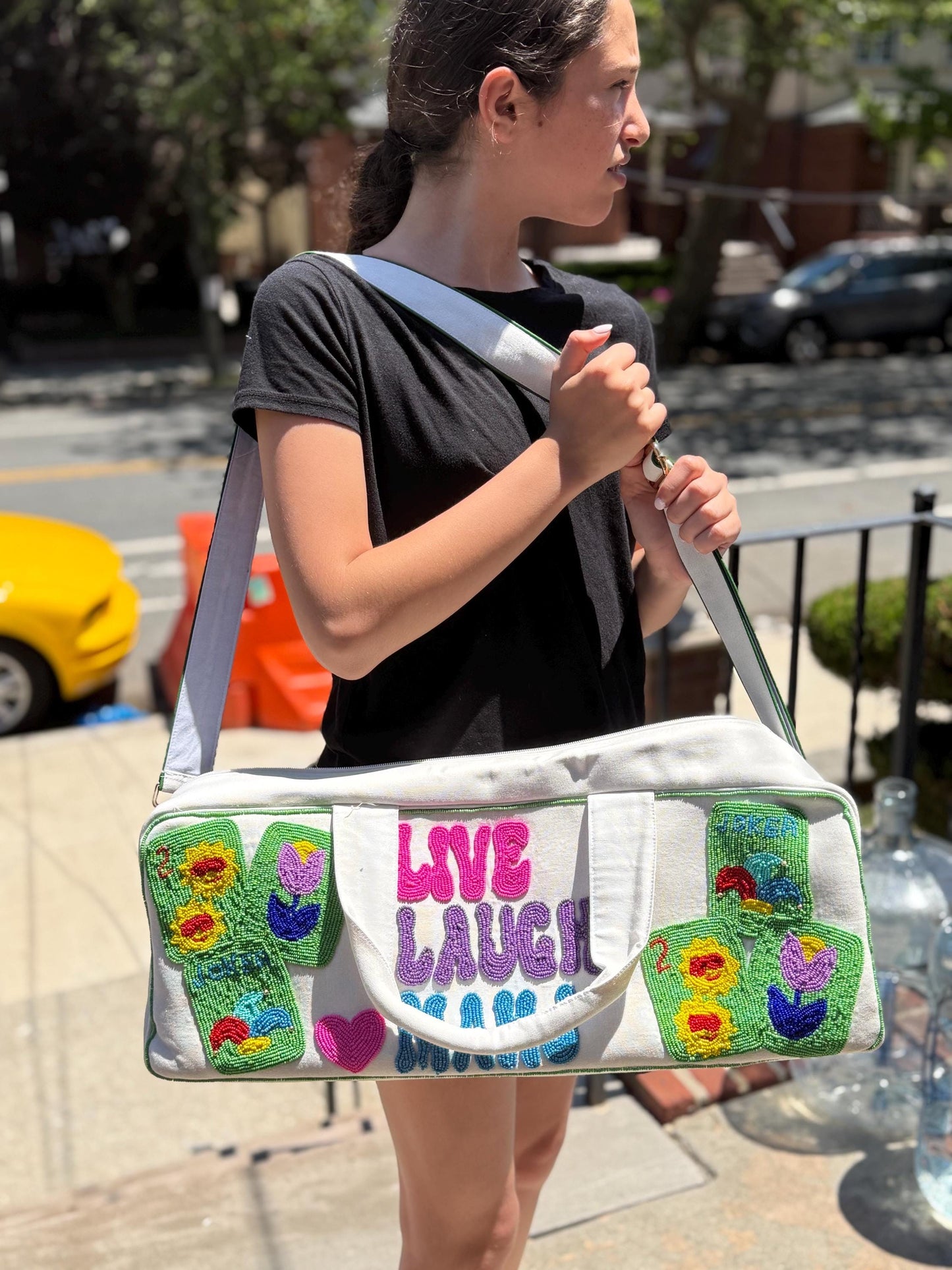 Mahjong canvas duffel bag, bam crak dot, mahj bag, beaded handmade, mahj club, girls game night bag, majong set, fits mat, tiles and racks