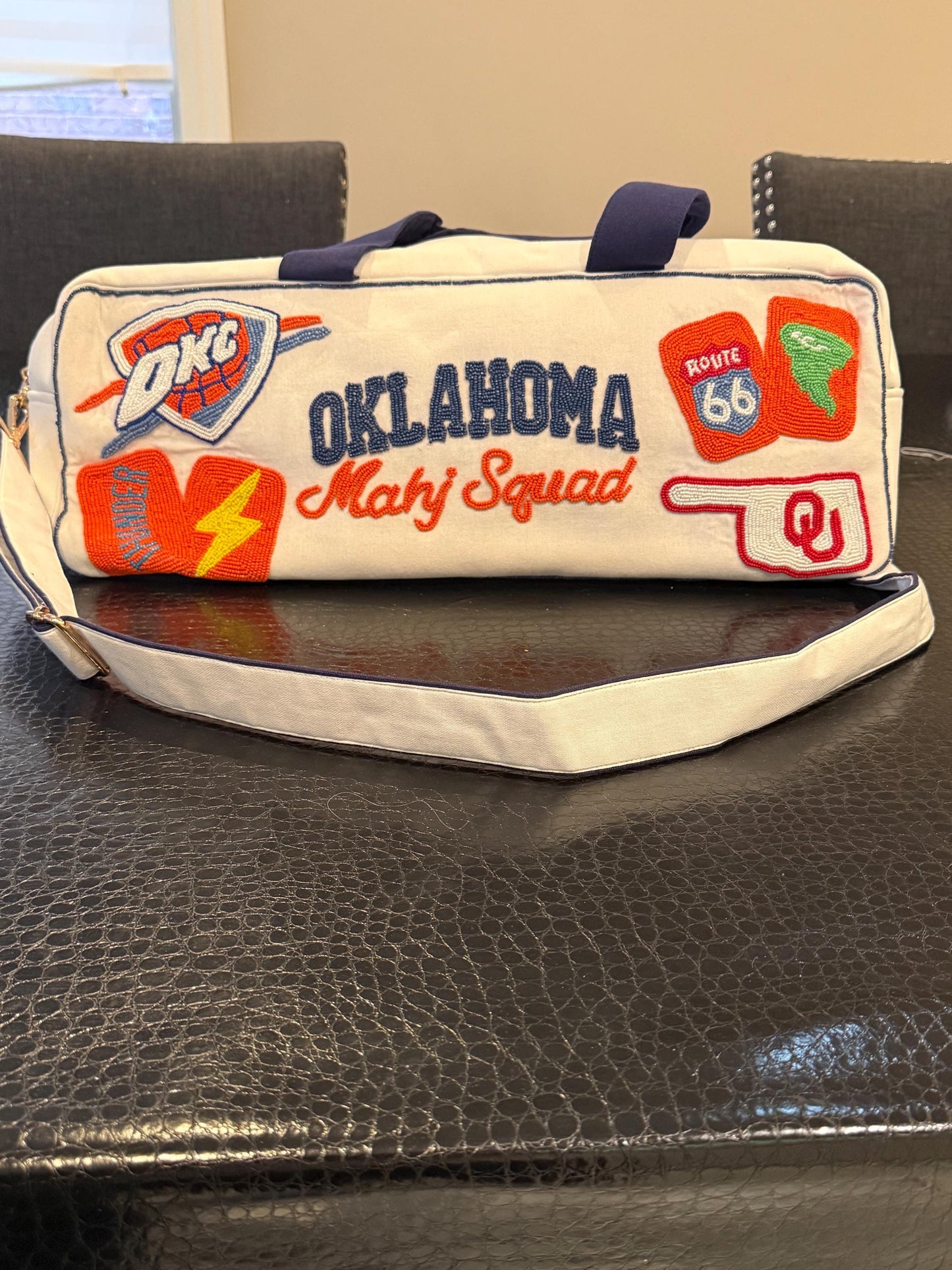 custom Mahjong duffel Oklahoma themed, handmade, beaded, okc thunder, bam dot crak, mahjong retreat gift,girls game night bag, ou university