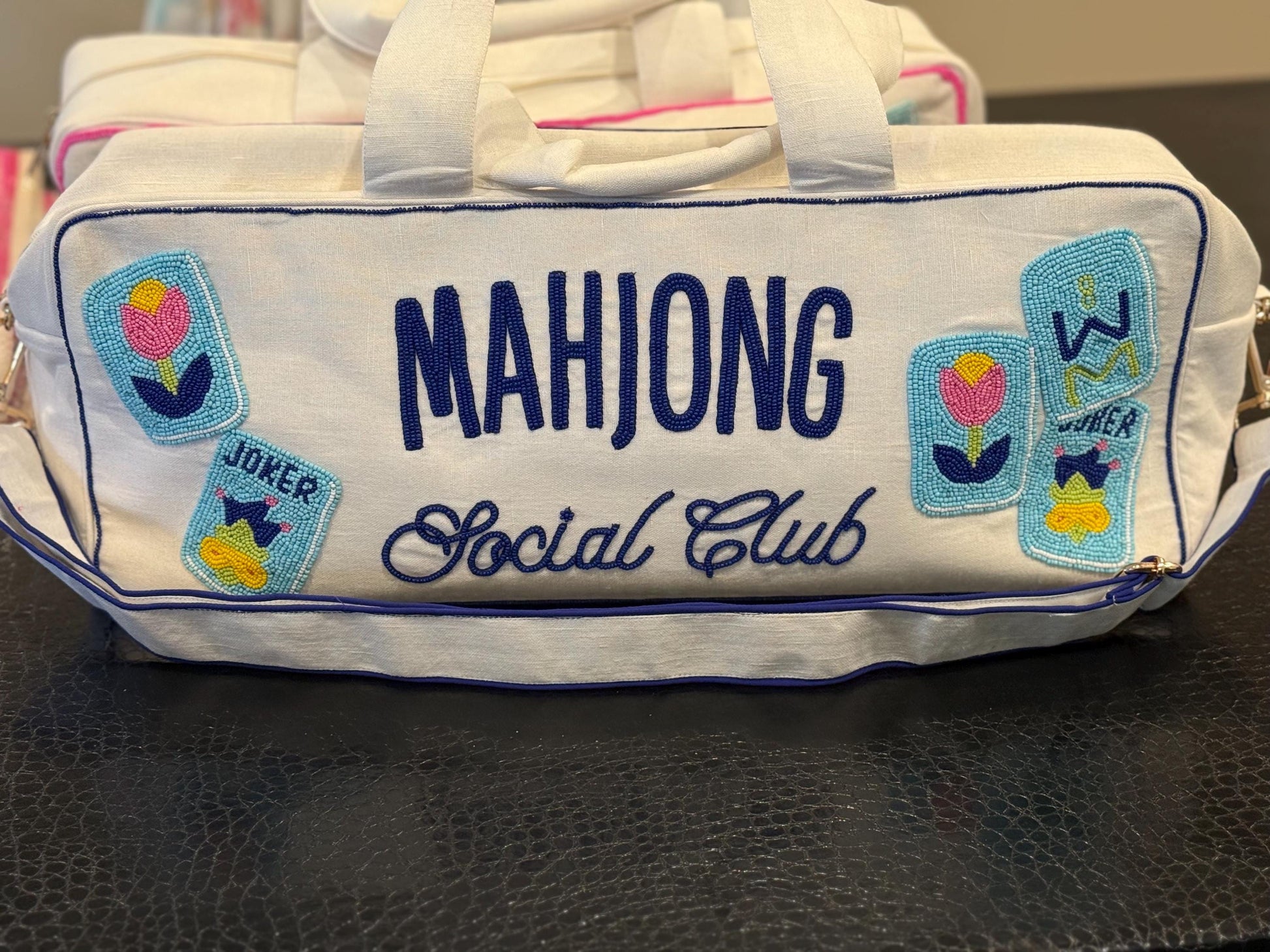 Mahjong social club canvas bag, rack holder,tiles and mat holder, beaded design,handmade tote, bam dot crak, personalized gift, game night