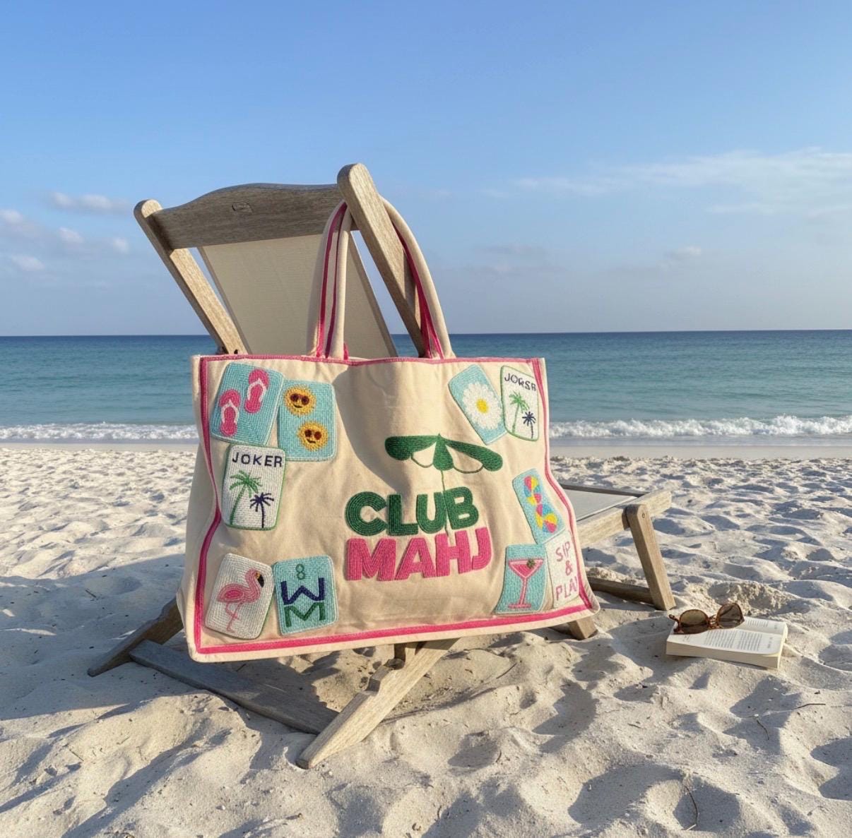 Mahj club tote bag, mahjong theme bag, canvas beaded design, holds mat, tiles, and racks, gift for her, personalized gift, everyday bag,