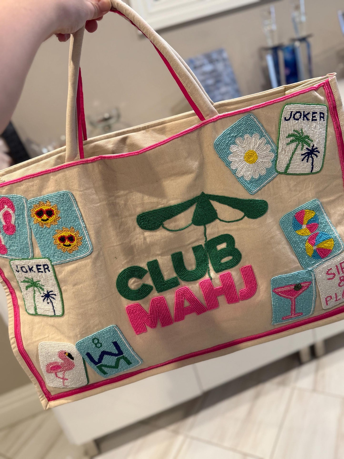 Mahj club tote bag, mahjong theme bag, canvas beaded design, holds mat, tiles, and racks, gift for her, personalized gift, everyday bag,