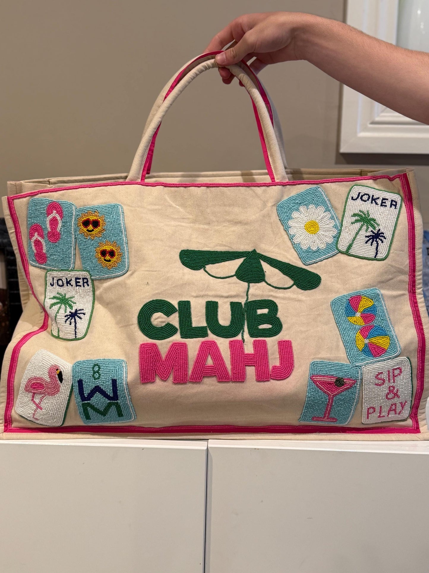 Mahj club tote bag, mahjong theme bag, canvas beaded design, holds mat, tiles, and racks, gift for her, personalized gift, everyday bag,