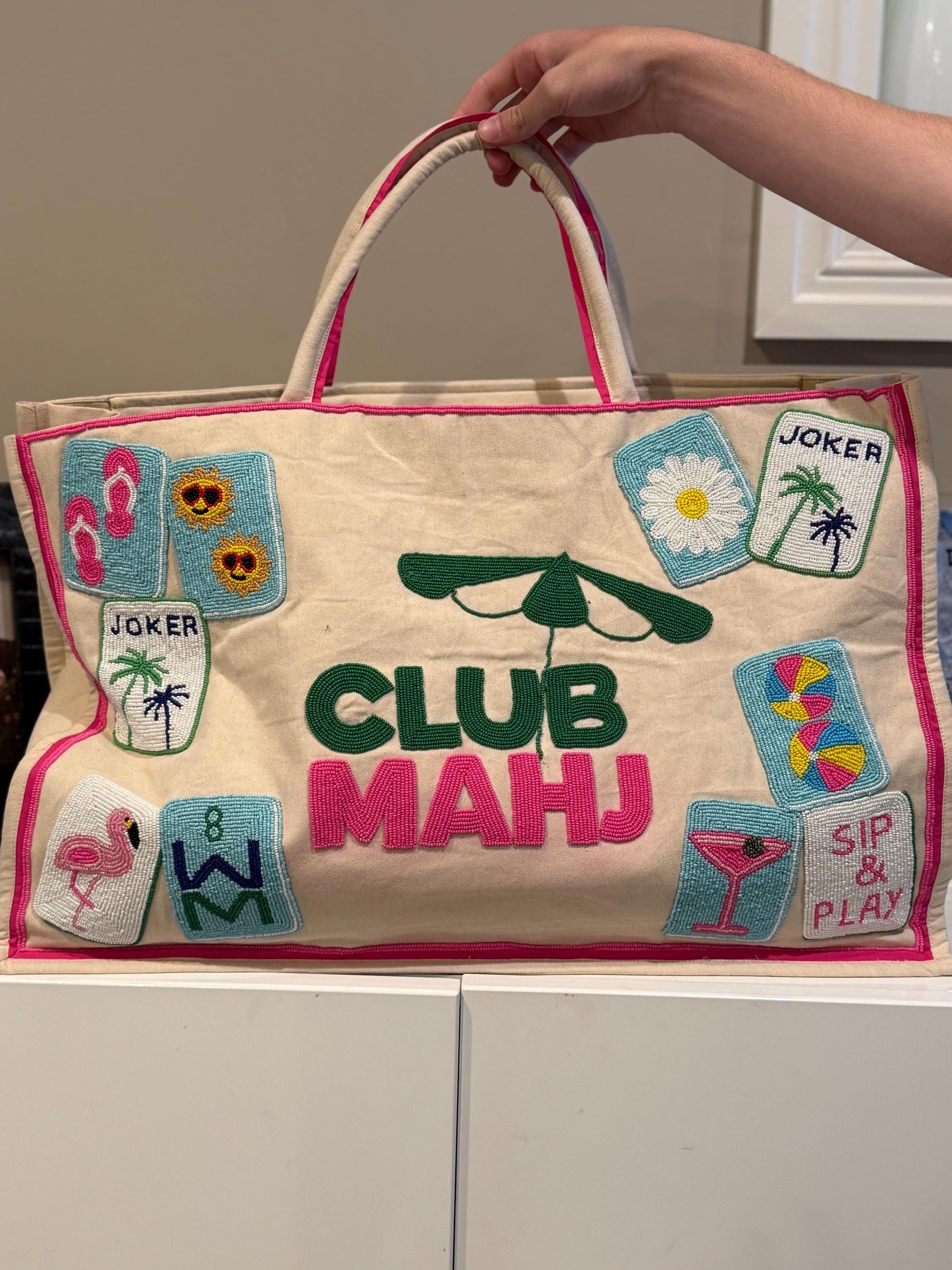 Mahj club tote bag, mahjong theme bag, canvas beaded design, holds mat, tiles, and racks, gift for her, personalized gift, everyday bag,
