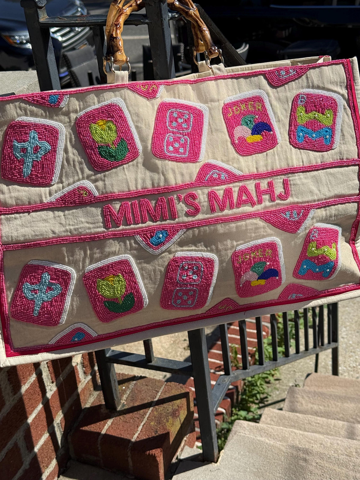 XL Mahjong Canvas Tote Bag | Handcrafted Beaded Game Night Bag | Fits Mat, Tiles, Racks | Mahj Club Gift & Retreat Carryall