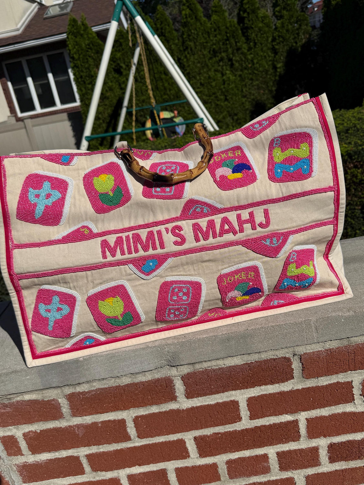 XL Mahjong Canvas Tote Bag | Handcrafted Beaded Game Night Bag | Fits Mat, Tiles, Racks | Mahj Club Gift & Retreat Carryall