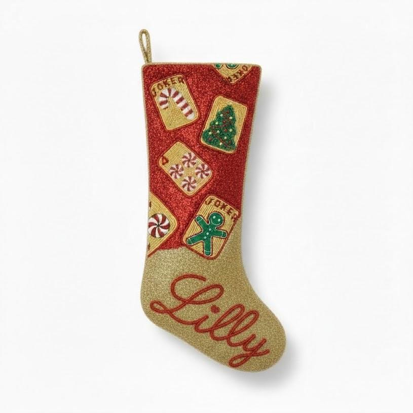 Hand-Beaded Christmas Mahjong Stocking | Custom Beaded Holiday Mantle Decor | Personalized Merry Mahj Tile Stocking | Mahjong Player Gift