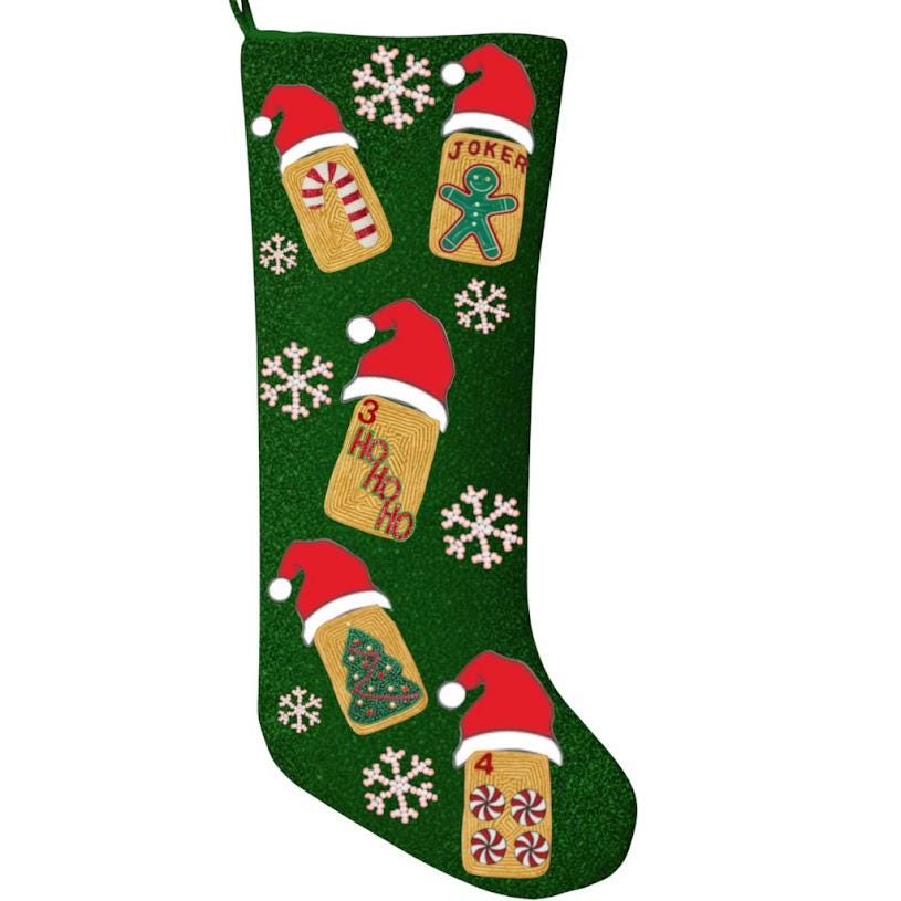 Hand-Beaded Christmas Mahjong Stocking | Custom Beaded Holiday Mantle Decor | Personalized Merry Mahj Tile Stocking | Mahjong Player Gift