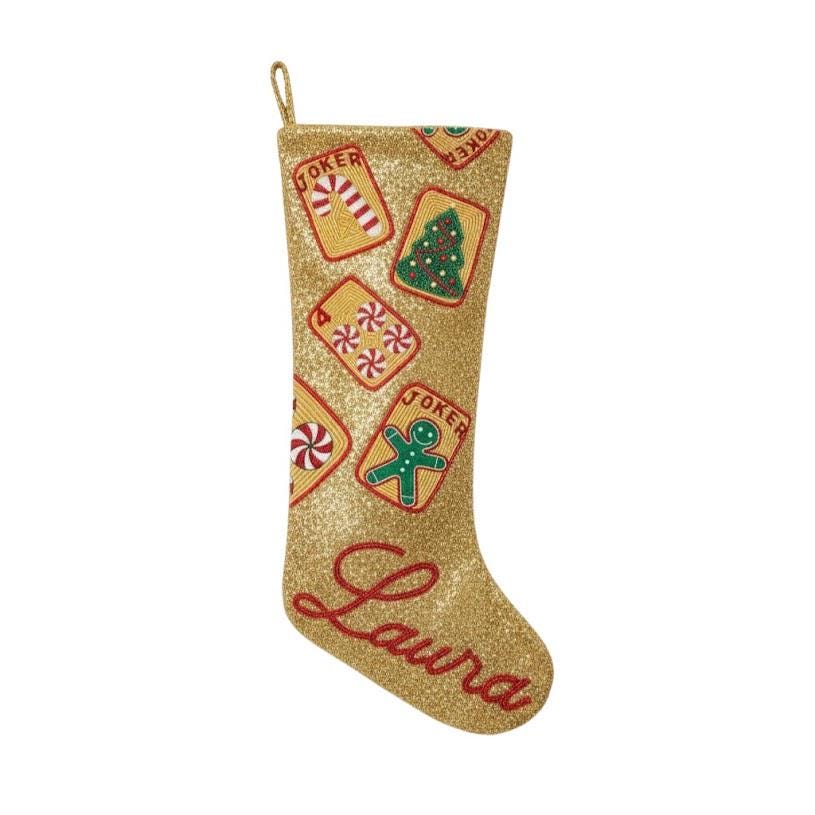 Hand-Beaded Christmas Mahjong Stocking | Custom Beaded Holiday Mantle Decor | Personalized Merry Mahj Tile Stocking | Mahjong Player Gift
