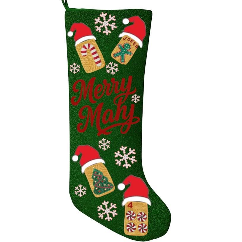 Hand-Beaded Christmas Mahjong Stocking | Custom Beaded Holiday Mantle Decor | Personalized Merry Mahj Tile Stocking | Mahjong Player Gift