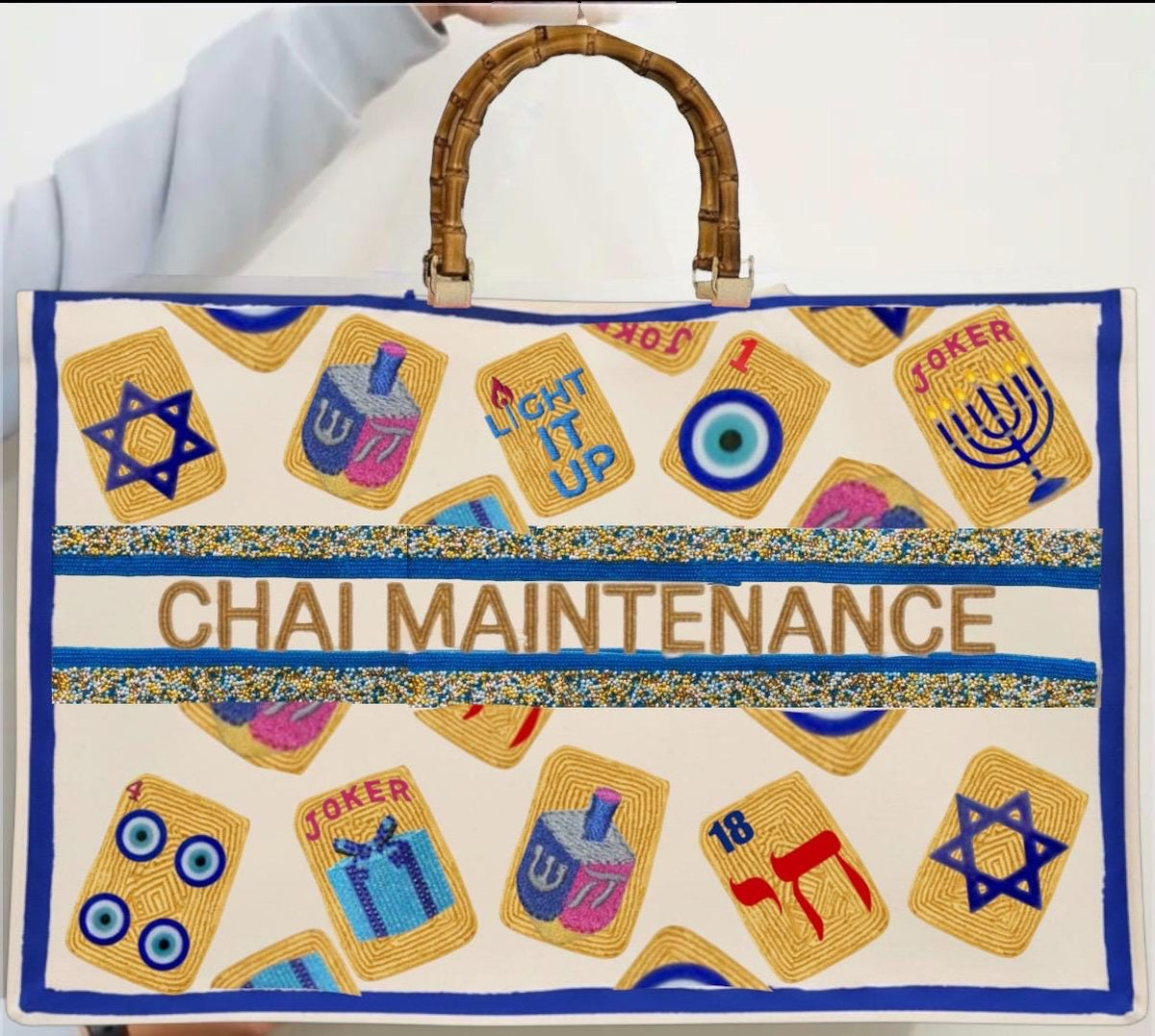 Hand-Beaded Hanukkah Mahjong Canvas Tote Bag | Custom Mahj Chanukah Bag | Jewish Holiday Mahjong game night | Hanukkah Gift