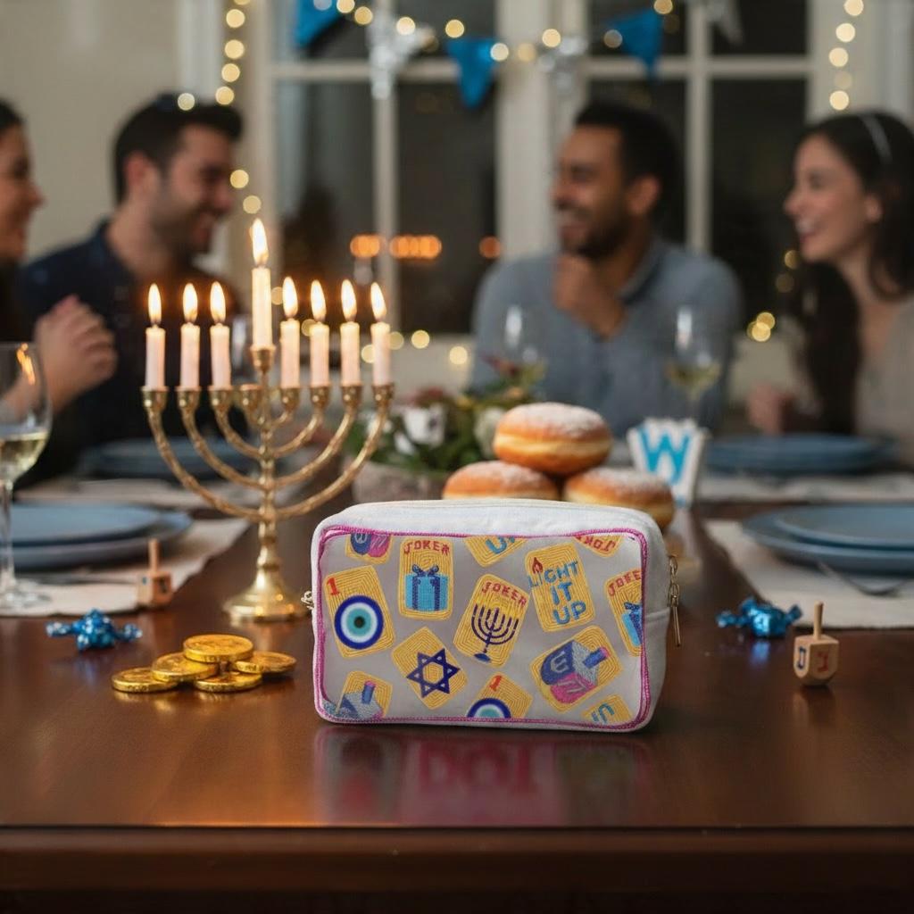 Hand-Beaded Hanukkah Mahjong Canvas tile Bag | Custom Mahj Chanukah Bag | Jewish Holiday Mahjong game night | Hanukkah Gift