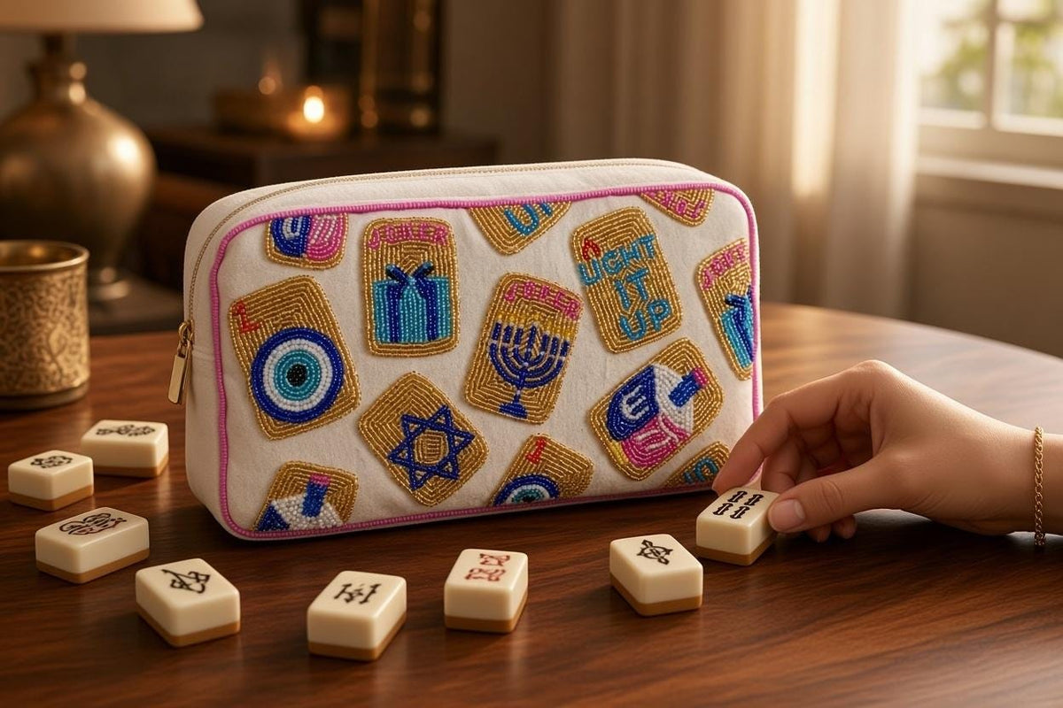 Hand-Beaded Hanukkah Mahjong Canvas tile Bag | Custom Mahj Chanukah Bag | Jewish Holiday Mahjong game night | Hanukkah Gift