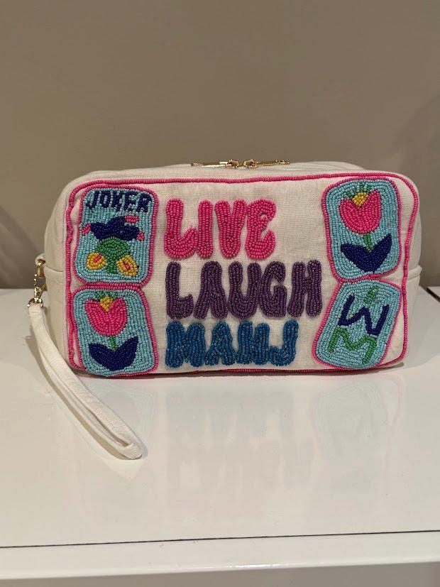 Personalized beaded Mahjong tile bag, Custom canvas wristlet pouch, Mahjong player gift, Mah Jongg tile storage organizer, game night gift
