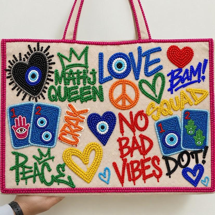 Hand-Beaded Graffiti Mahjong Canvas Tote Bag | Custom Mahj Queen Beach & Card Bag | No Bad Vibes Mahjong Accessories and Gift