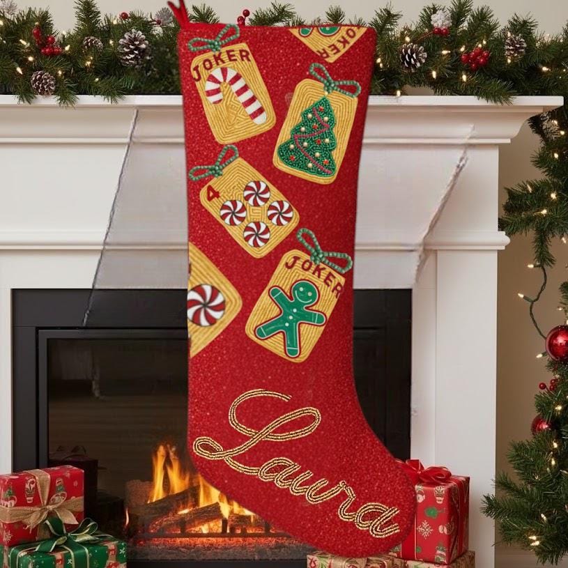 Hand-Beaded Christmas Mahjong Stocking | Custom Beaded Holiday Mantle Decor | Personalized Merry Mahj Tile Stocking | Mahjong Player Gift
