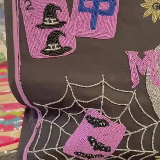 Halloween Mahjong Tote Bag | Beaded Mahjong Bag | Spooky Mahjong Tote | Halloween Game Night Bag | Witch Mahjong Bag | Mahjong Gift