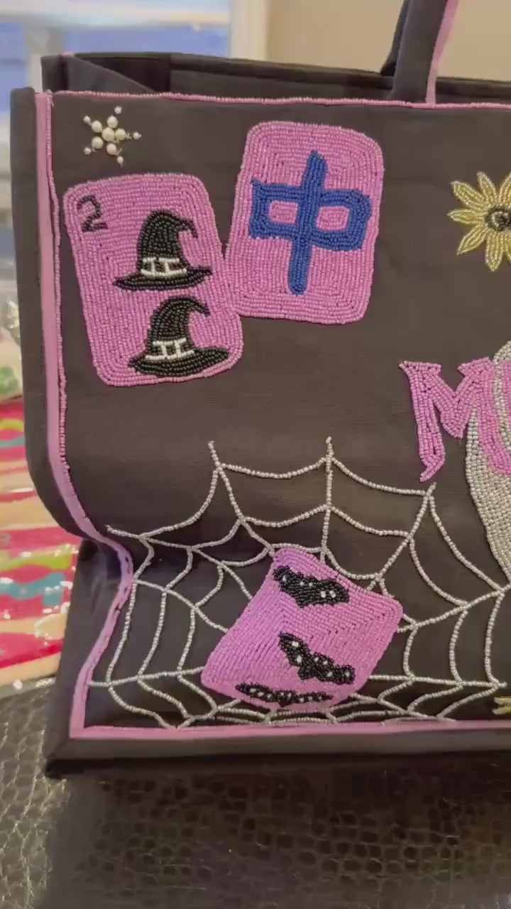 Halloween Mahjong Tote Bag | Beaded Mahjong Bag | Spooky Mahjong Tote | Halloween Game Night Bag | Witch Mahjong Bag | Mahjong Gift