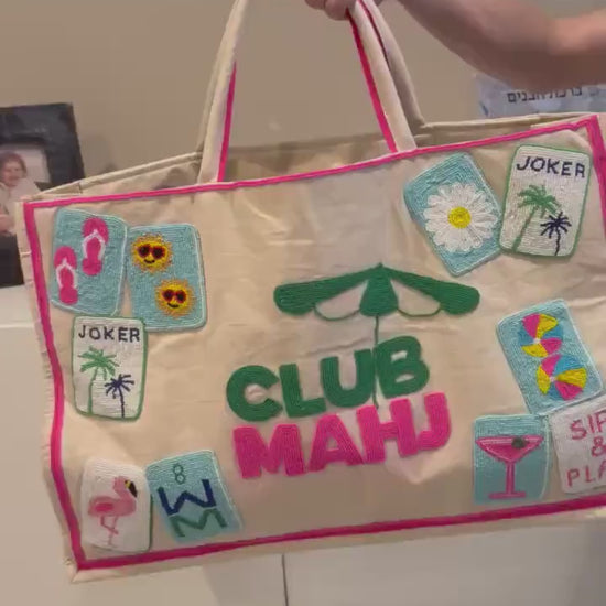 Mahj club tote bag, mahjong theme bag, canvas beaded design, holds mat, tiles, and racks, gift for her, personalized gift, everyday bag,