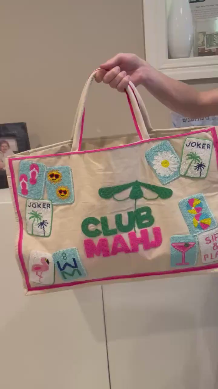 Mahj club tote bag, mahjong theme bag, canvas beaded design, holds mat, tiles, and racks, gift for her, personalized gift, everyday bag,
