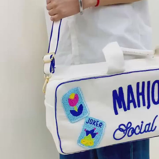 Mahjong social club canvas bag, rack holder,tiles and mat holder, beaded design,handmade tote, bam dot crak, personalized gift, game night