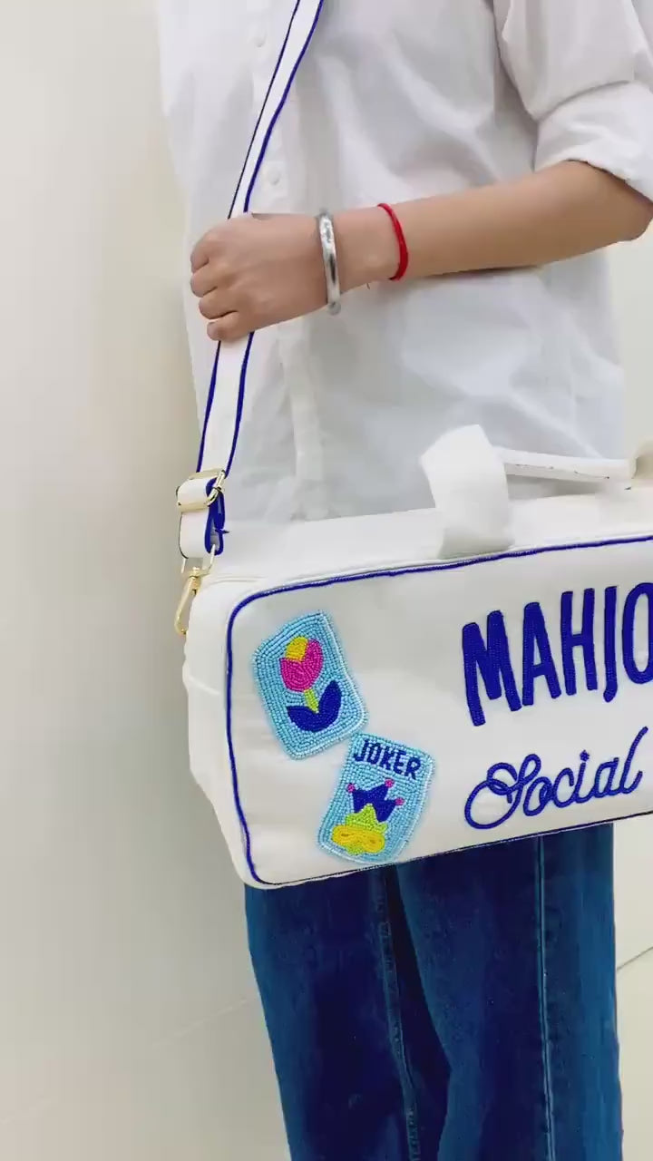 Mahjong social club canvas bag, rack holder,tiles and mat holder, beaded design,handmade tote, bam dot crak, personalized gift, game night