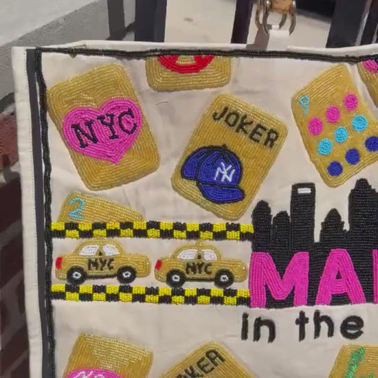 NYC XL Mahjong canvas tote bag,mahj in the city, beaded design, bam dot crak, holds mat, tiles, and racks, personalized gift, bamboo handle